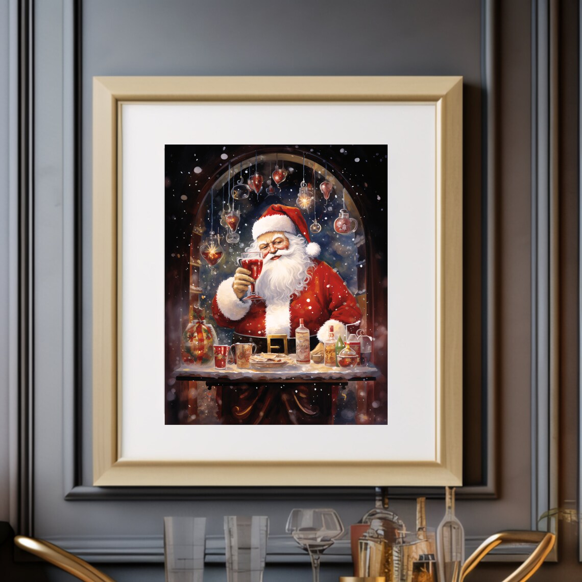 Santa Claus Bar Cart Cocktail Christmas Kitchen Holiday Poster - Image 3