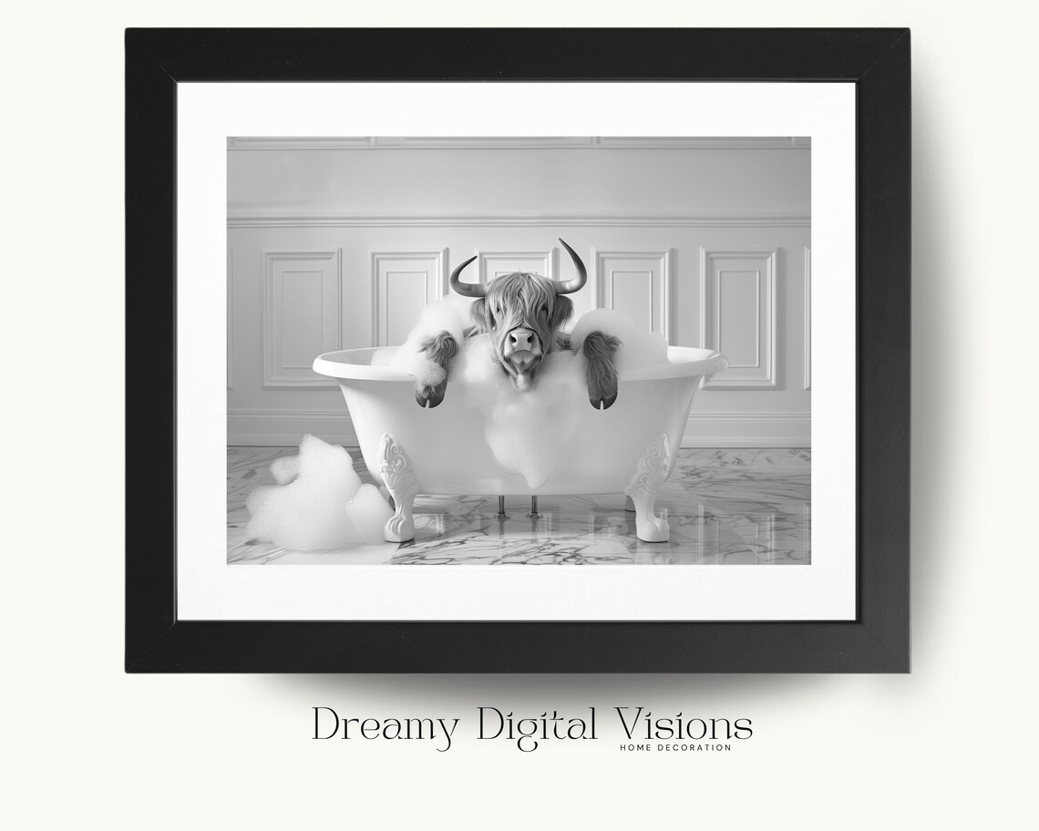 Highland Cow Taking a Bath, Rustic Bathroom Art Print