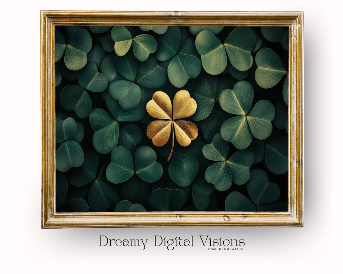 Golden Four Leaf Clover Among Deep Green Clovers Lucky Poster