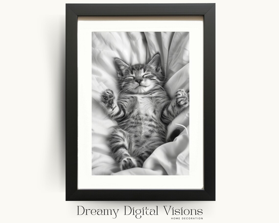 Sleeping Kitten Nursery Poster Black And White Tabby Cat Wall Room Decor