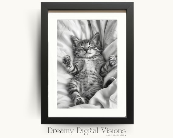 Sleeping Kitten Nursery Poster Black And White Tabby Cat Wall Room Decor