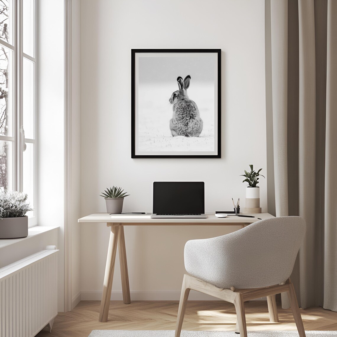 Wild Hare Sitting in Snow Black and White Winter Wildlife Poster - Image 3