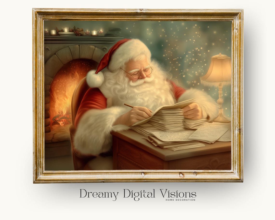 Santa Claus Writing Letters by the Fireplace Christmas Poster