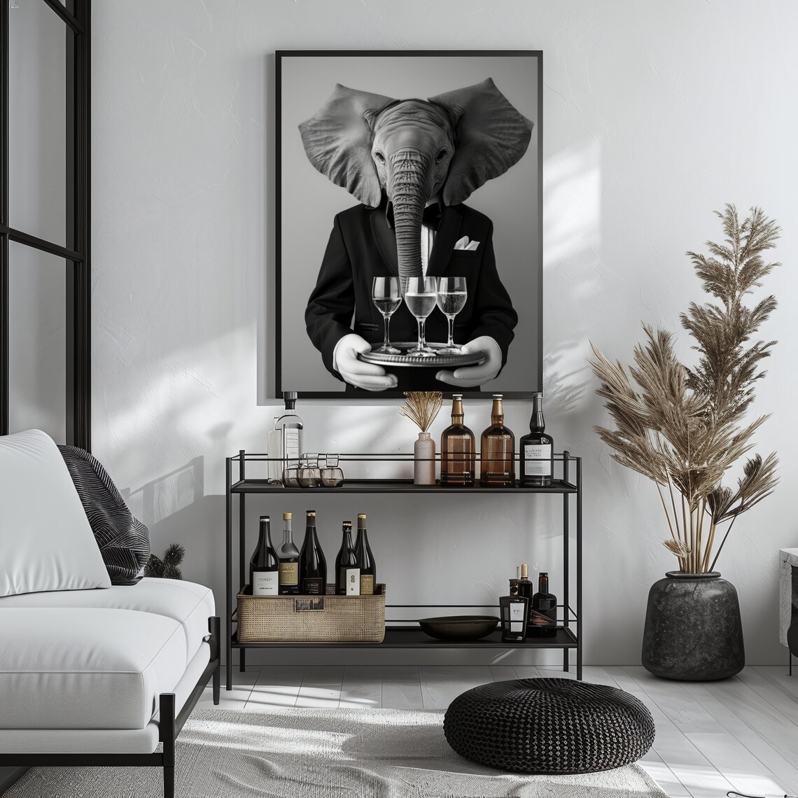 Elephant Waiter Bar Cart Poster Funny Black And White Animal Photo Wall Decor - Image 2