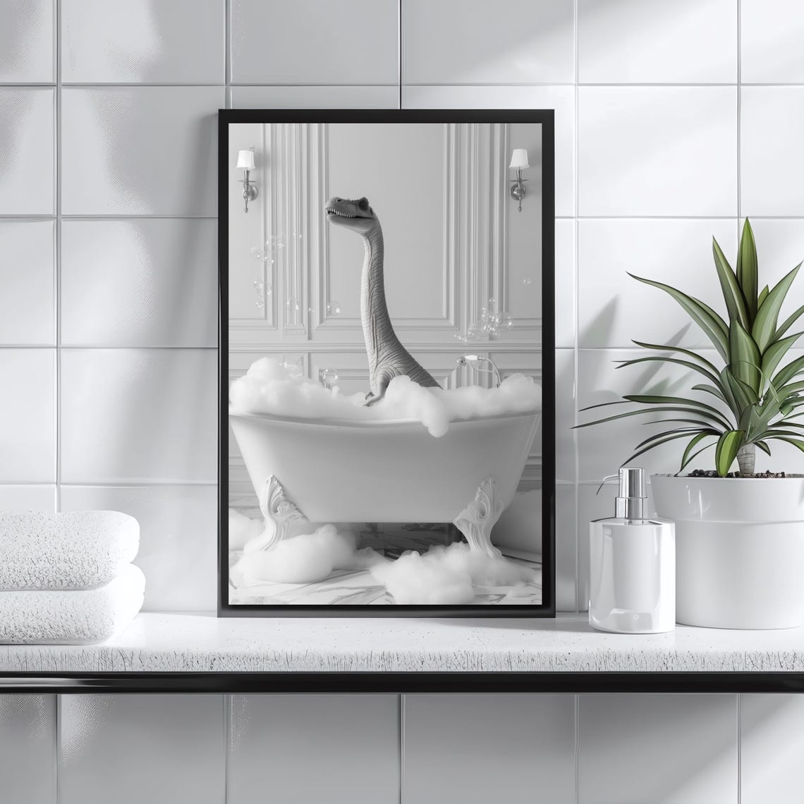 Long Neck Dinosaur Soaking in Bubble Bath Funny Bathroom Poster - Image 3