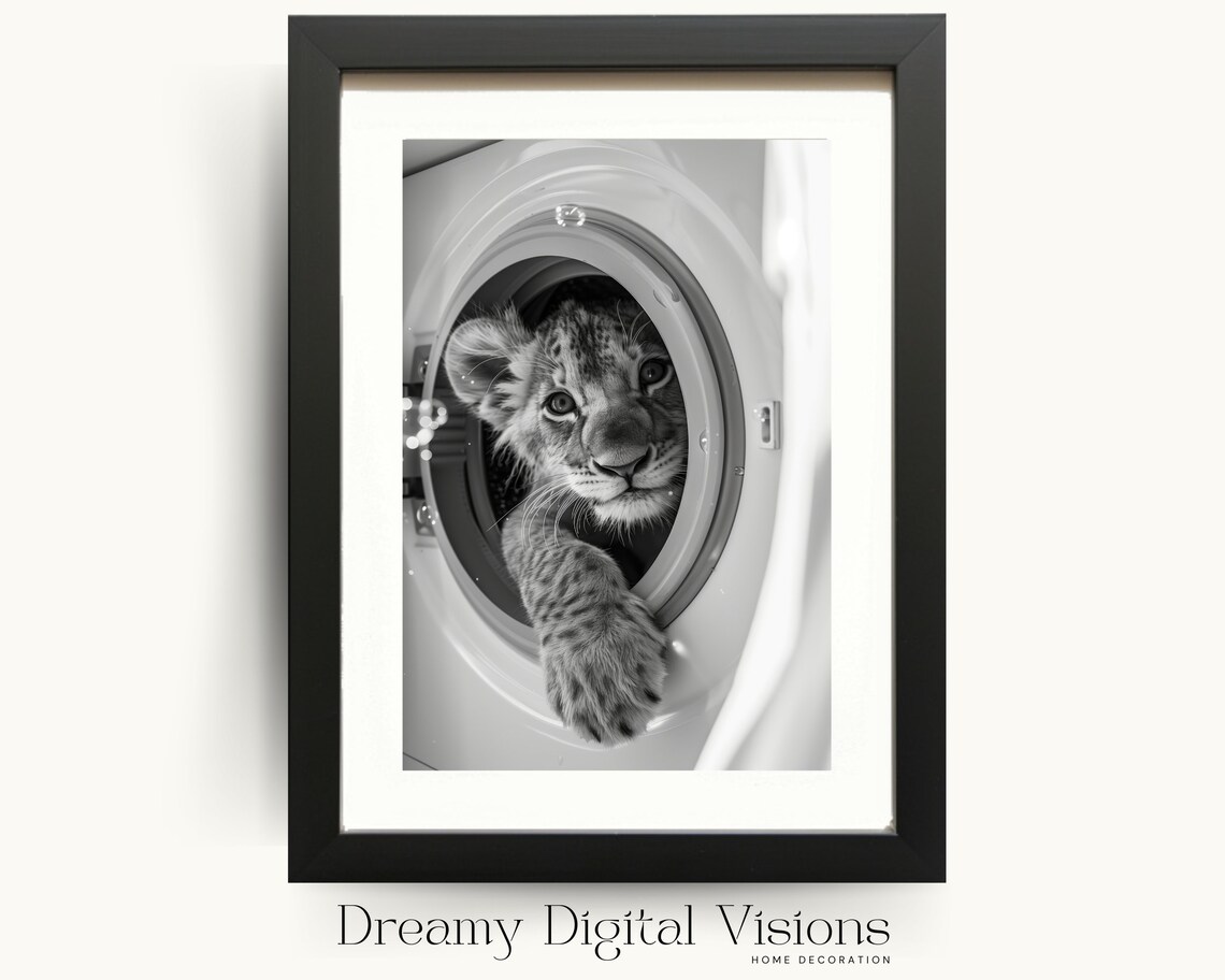 Lion Cub Peeking Out of Washing Machine Black and White Funny Laundry Poster