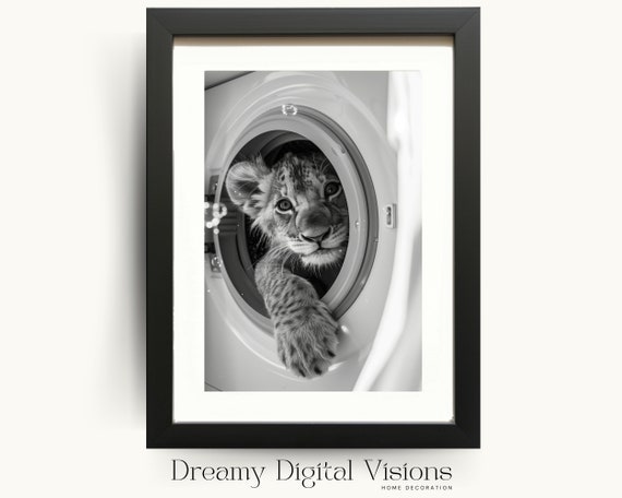 Cute Lion Cub In Washing Machine Print Laundry Print Laundry Room Decor Lion Cub Poster Gift For Animal Lovers Funny Utility Room Print