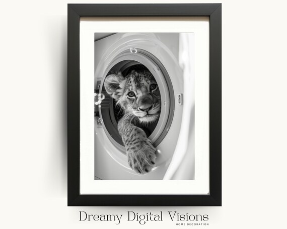 Lion Cub Peeking Out of Washing Machine Black and White Funny Laundry Poster