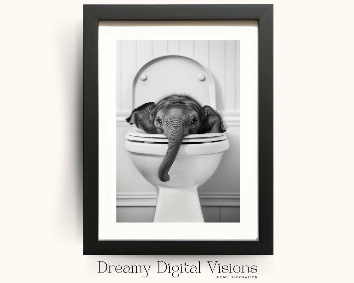 Baby Elephant Peeking Out of Toilet Funny Bathroom Photo Poster