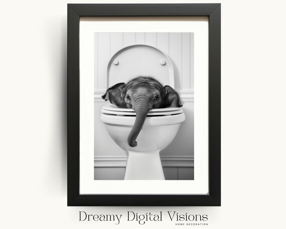 Baby Elephant Peeking Out of Toilet Funny Bathroom Photo Poster