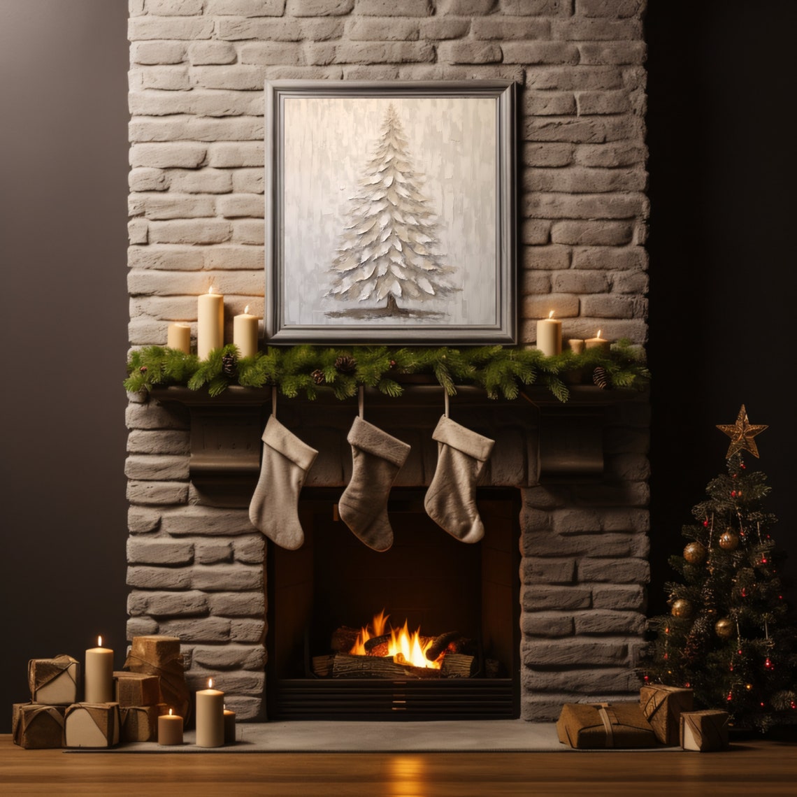 Neutral White Christmas Tree Textured Oil Painting Winter Poster - Image 3