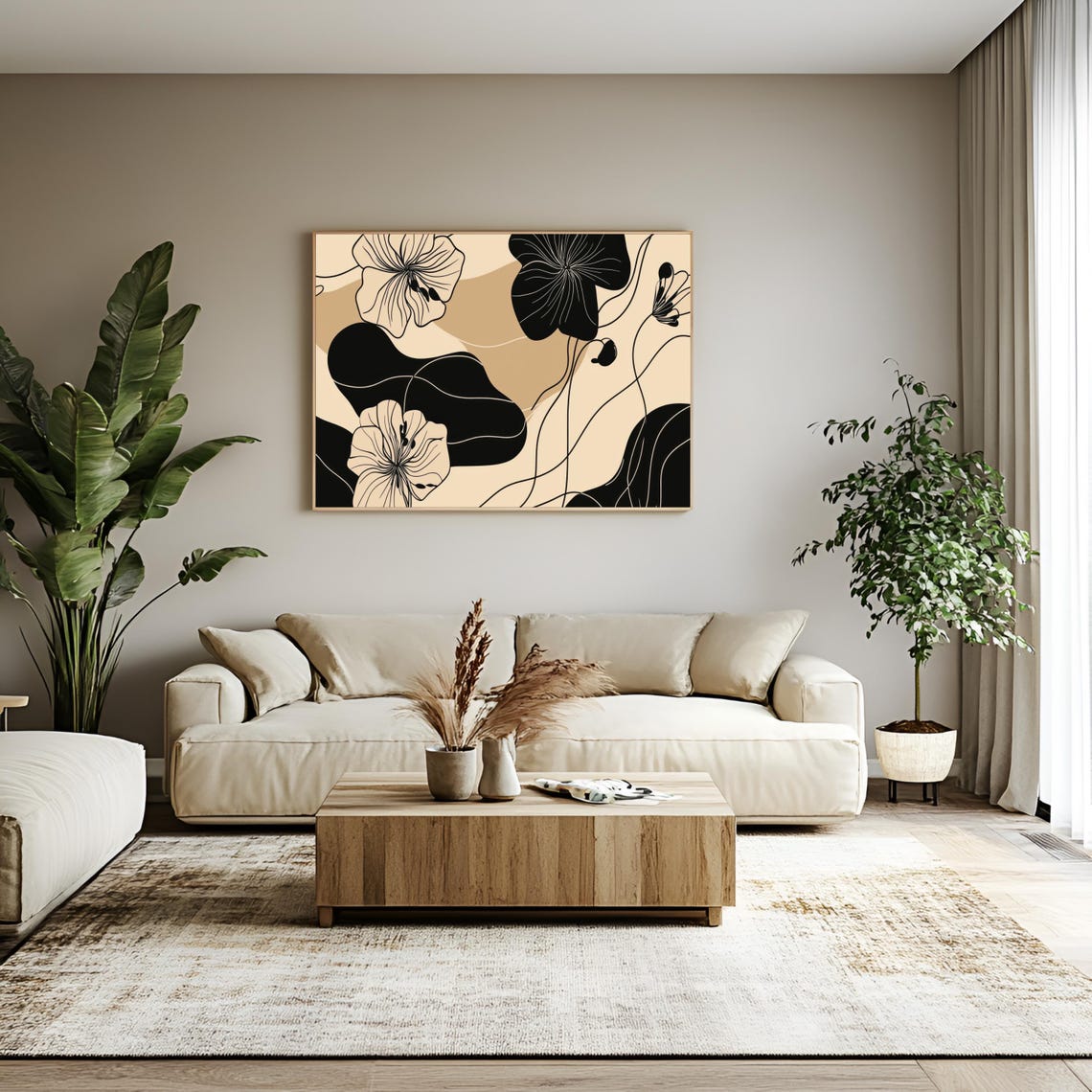 Abstract Botanical Line Art Black and Tan Floral Modern Poster - Image 2