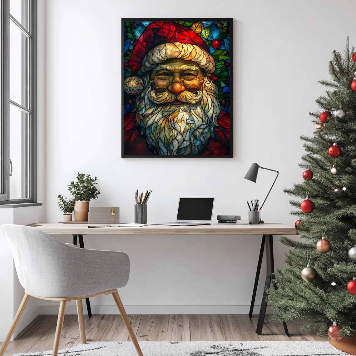 Santa Claus Stained Glass Style Colorful Christmas Portrait Poster - Image 3