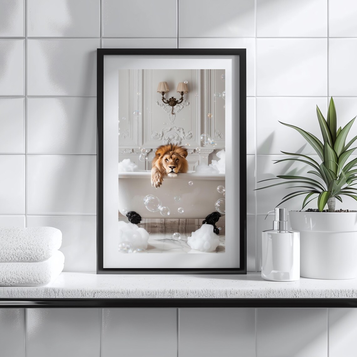 Majestic Lion Taking a Bath Funny Bathroom Art Print - Image 3