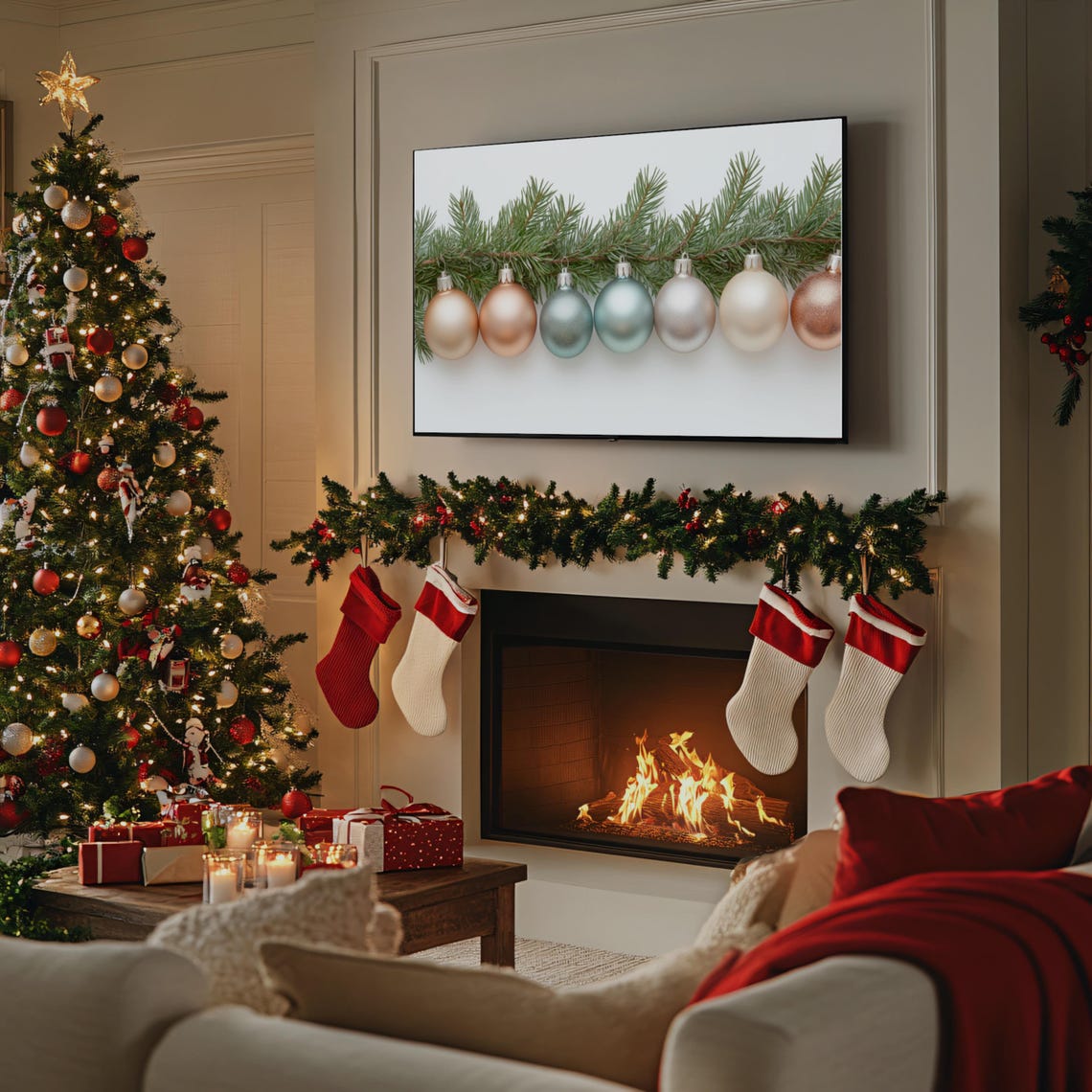 Christmas Baubles Hanging on Pine Garland Festive Holiday Art Poster - Image 3