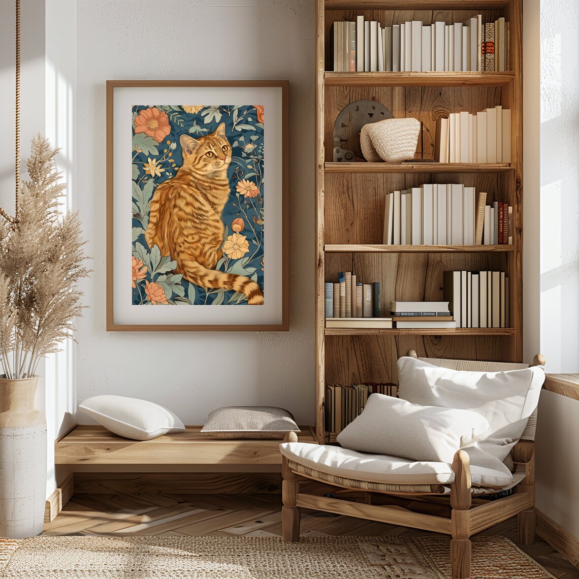 Ginger Cat Print, William Morris-Inspired Boho Floral - Image 3