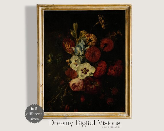 Moody Still Life Wall Art Dark Academia Decor Vintage Floral Print Moody Wall Art Moody Decorative Wall Art Dark Flowers Oil Painting