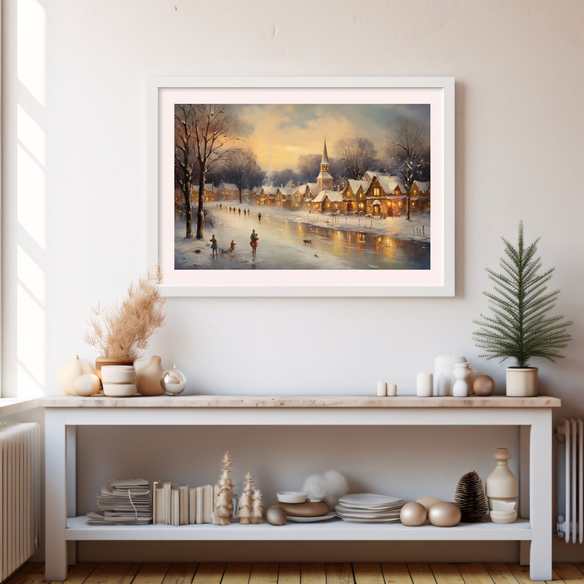 Snowy Village Sunset Church Steeple Frozen Pond Winter Poster - Image 2
