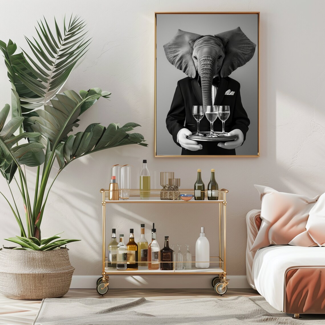 Elephant Waiter Bar Cart Poster Funny Black And White Animal Photo Wall Decor - Image 3