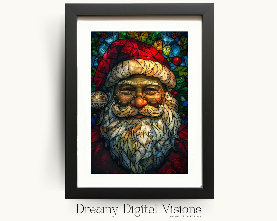 Santa Claus Stained Glass Style Colorful Christmas Portrait Poster