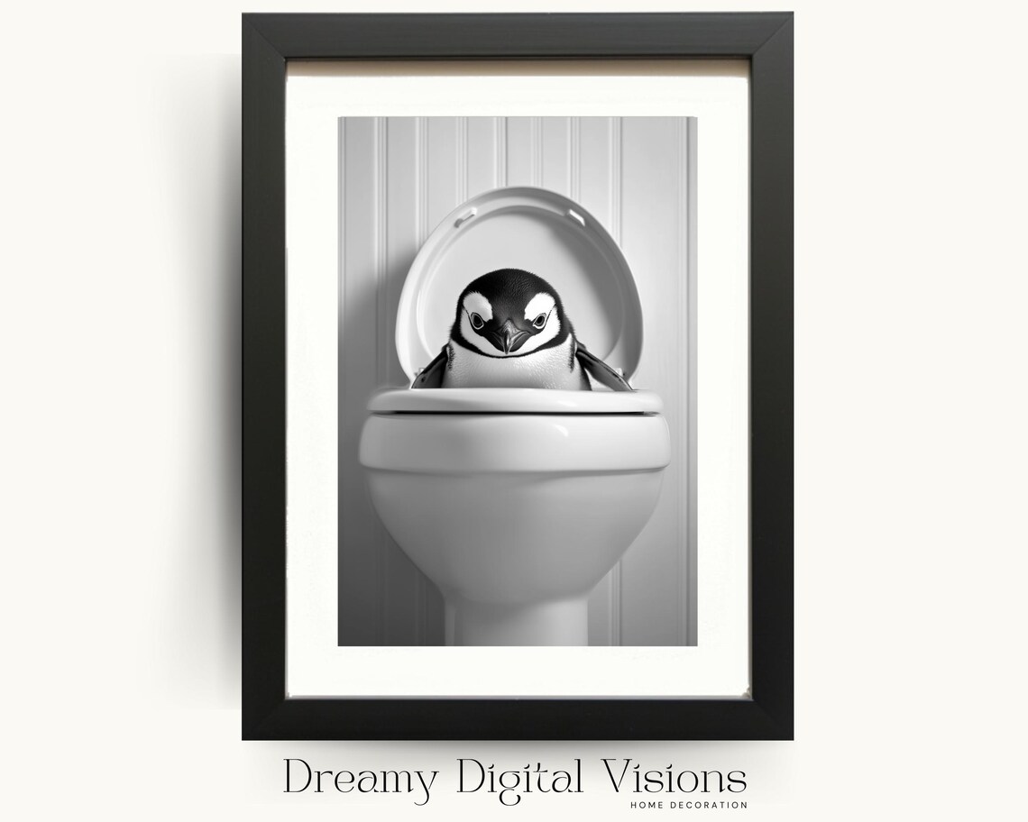 Funny Penguin Sitting on a Toilet Black and White Bathroom Poster