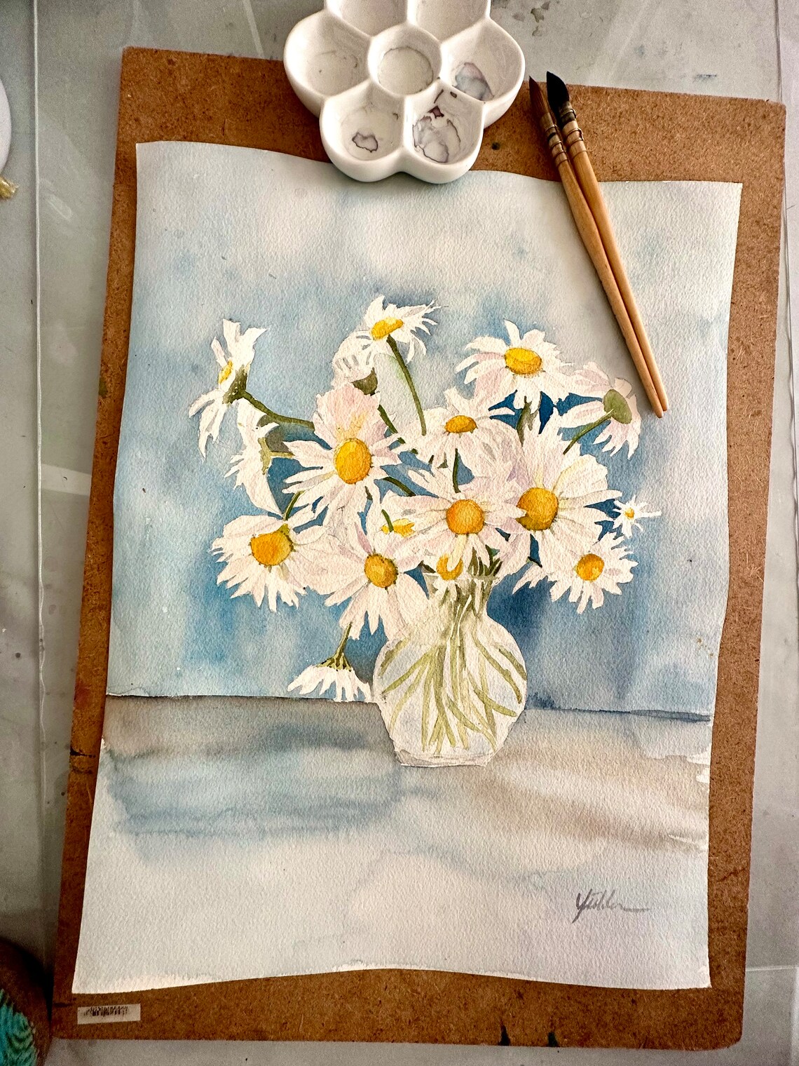 White Daisies in Glass Vase Watercolor Floral Still Life Poster - Image 4