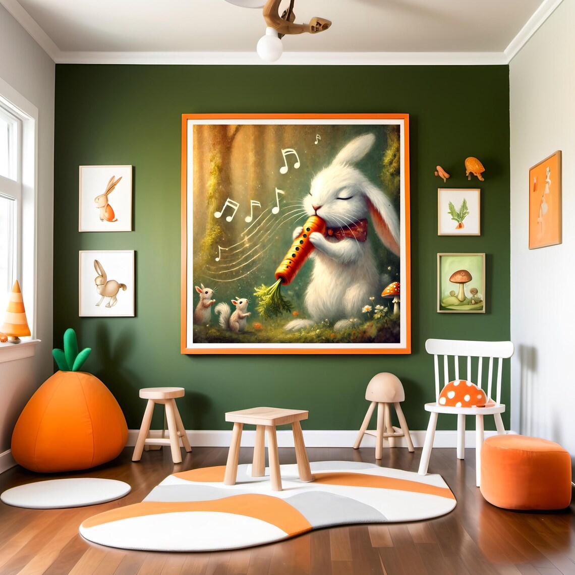 Whimsical Bunny Playing Carrot Flute Art Print - Image 2