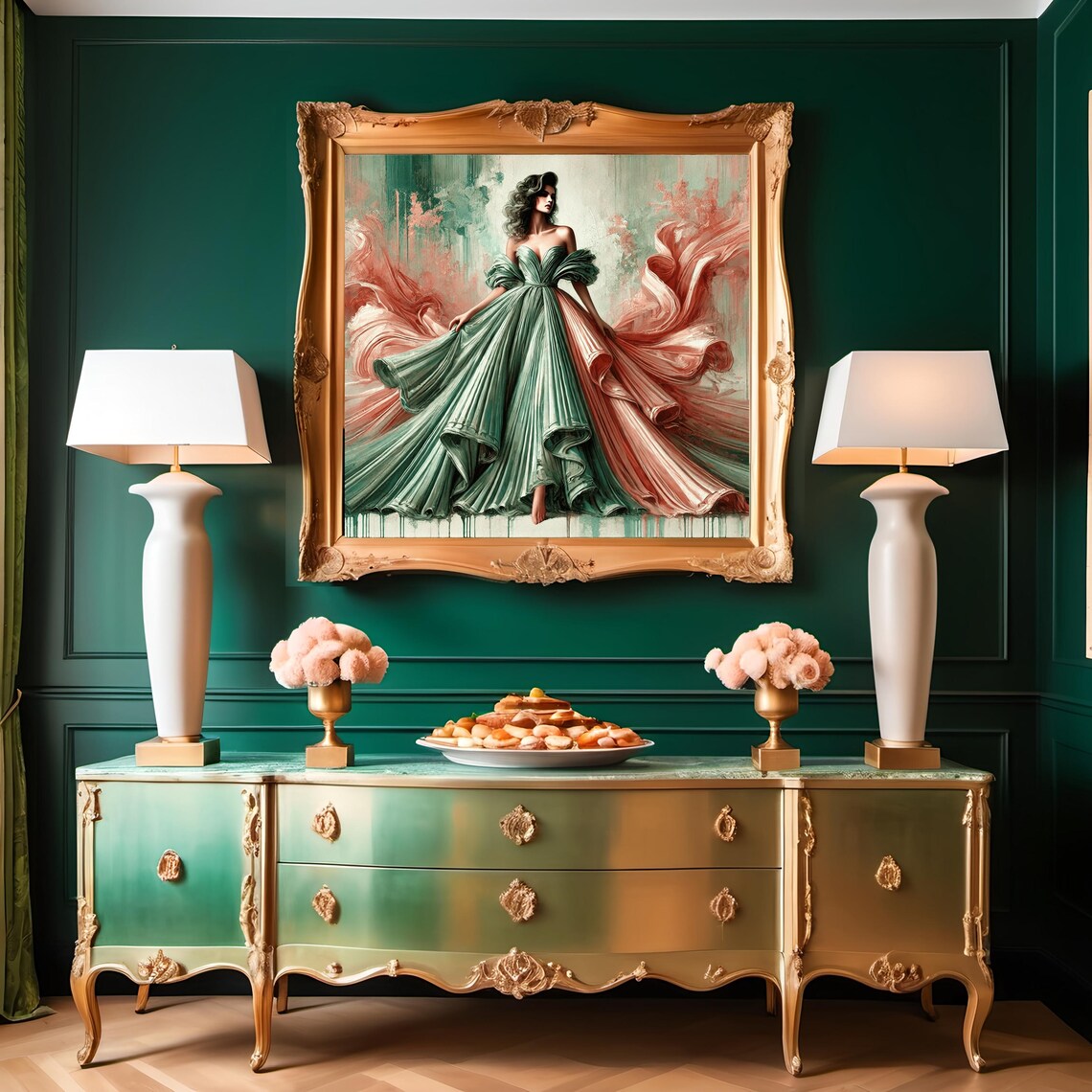 Sage Green Pleated Gown Silk Wings High Fashion Artistic Poster - Image 2