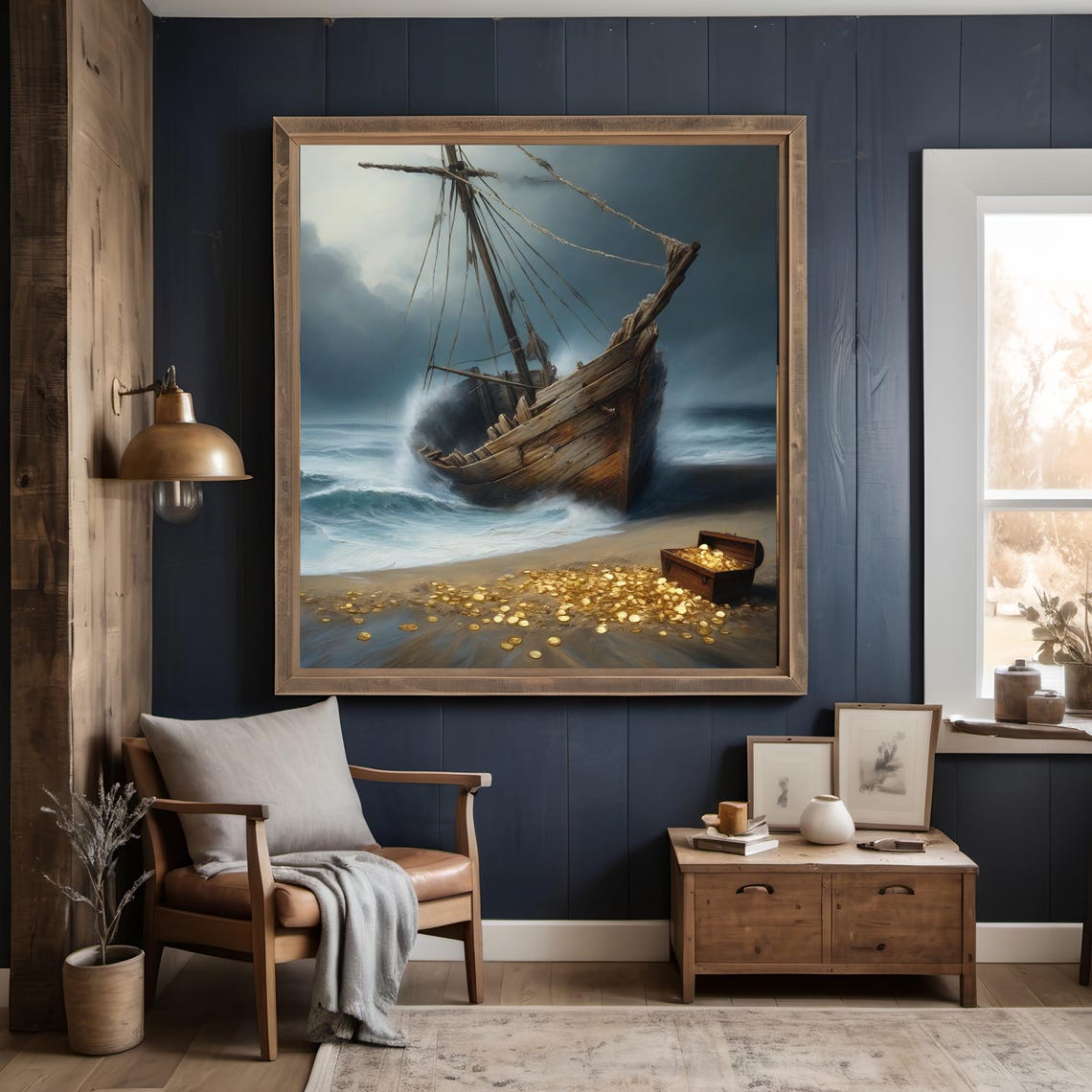Shipwreck Treasure Chest Stormy Beach Dramatic Nautical Art Poster - Image 2