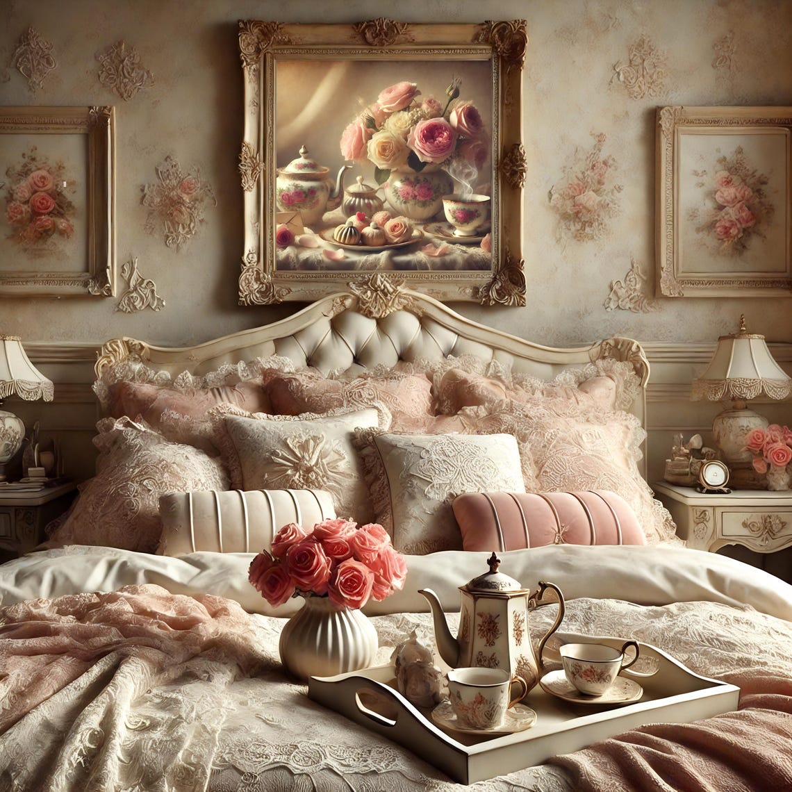 Valentine Tea And Roses Porcelain Pastries Steaming Cup Romantic Print - Image 2