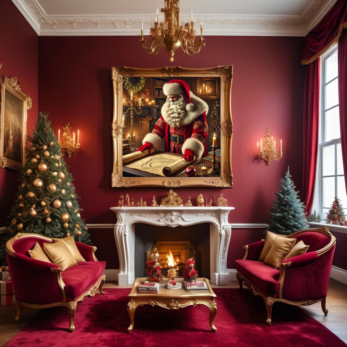 Santa Claus in His Study Antique Map Cozy Christmas Art Print - Image 2