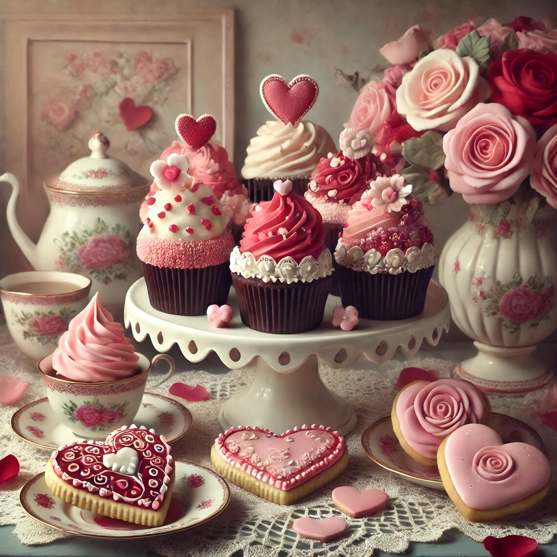 Vintage Valentine Tea Party Cupcakes Heart Cookies Roses Print