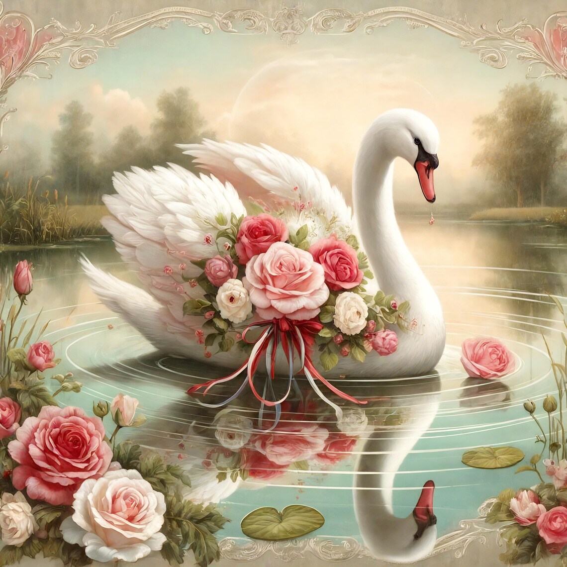 Vintage Swan With Roses, Romantic Victorian Art Print