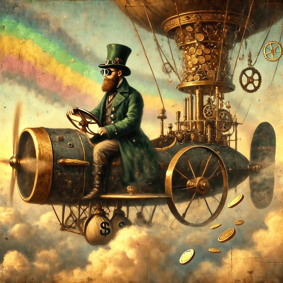 Steampunk Leprechaun Airship Pilot Gold Coins Rainbow Sky Poster