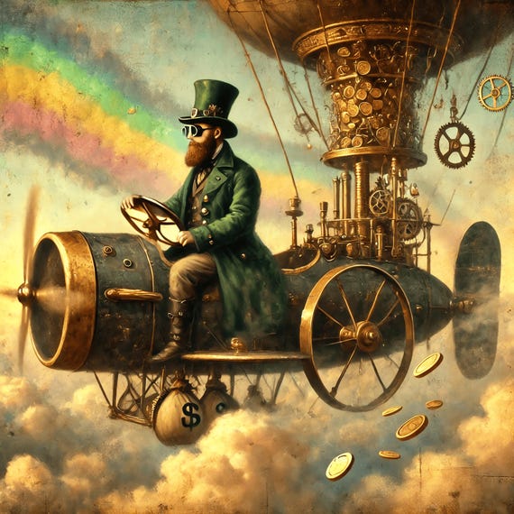Steampunk Leprechaun Airship Pilot Print Gold At The End Of The Rainbow Wall Art Vintage Steampunk Dcor Gift