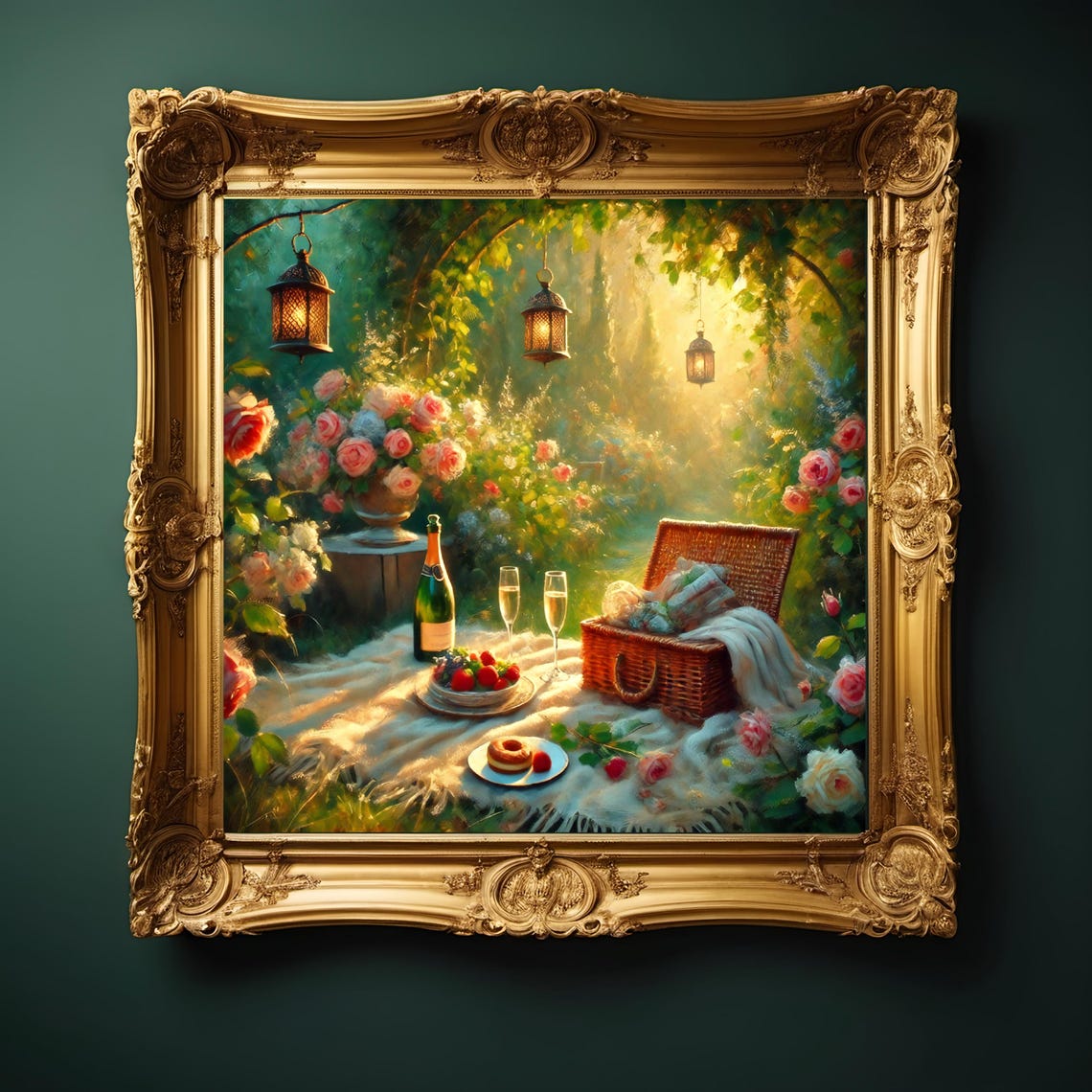Romantic Garden Picnic with Champagne and Roses Lantern Glow Print - Image 3