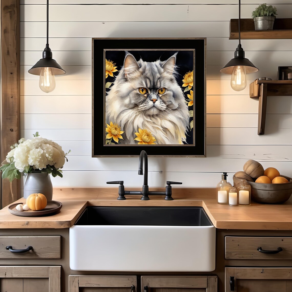 Fluffy Gray Cat Golden Eyes Floral Watercolor Portrait Art Print - Image 2