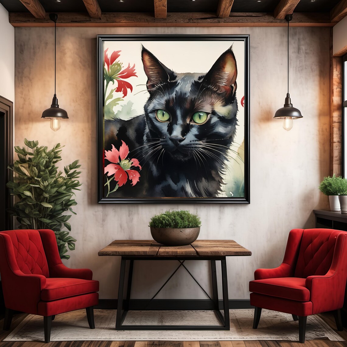 Black Cat Striking Green Eyes Red Blossom Watercolor Art Print - Image 3