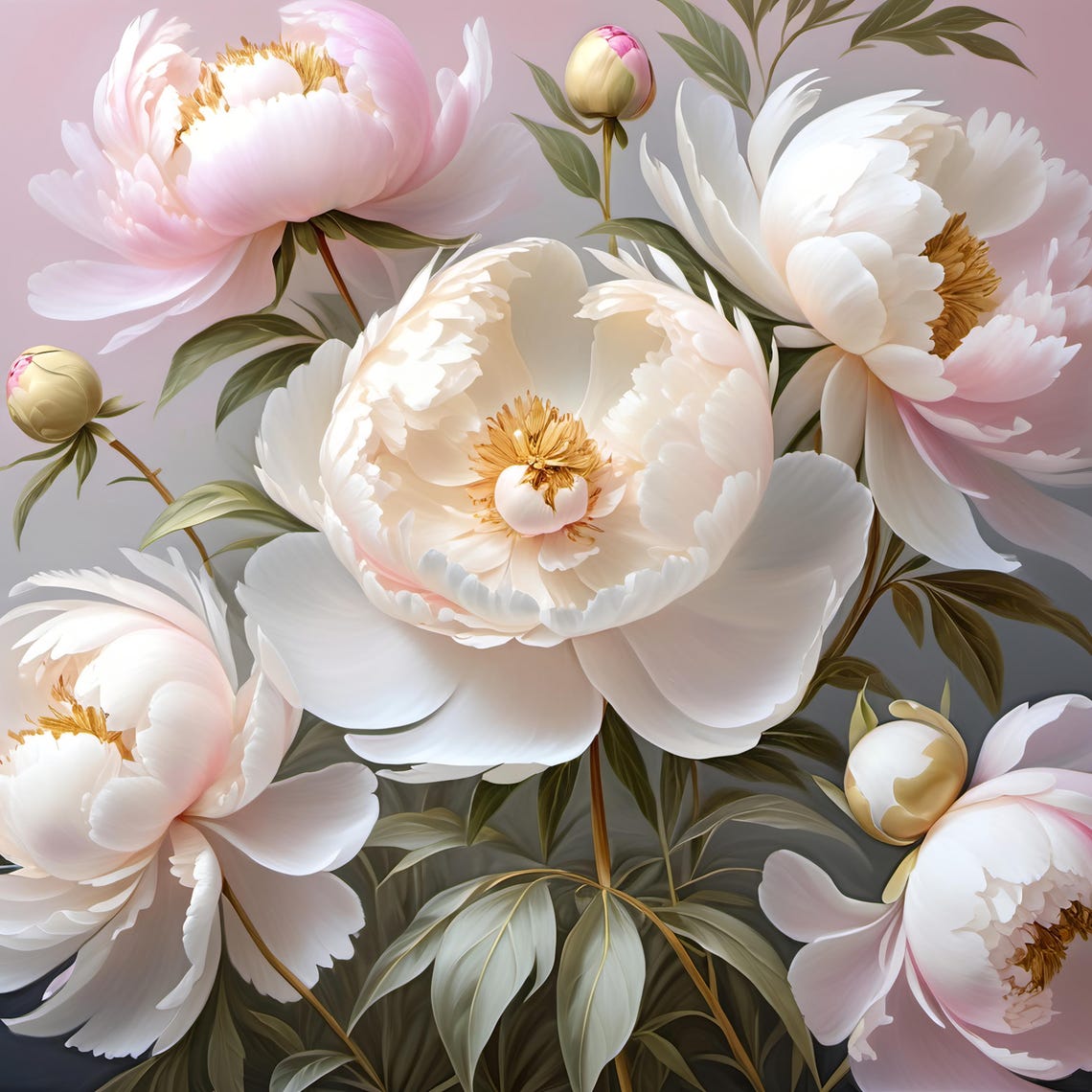 White Pink Peony Flower Bouquet Soft Botanical Elegant Art Poster