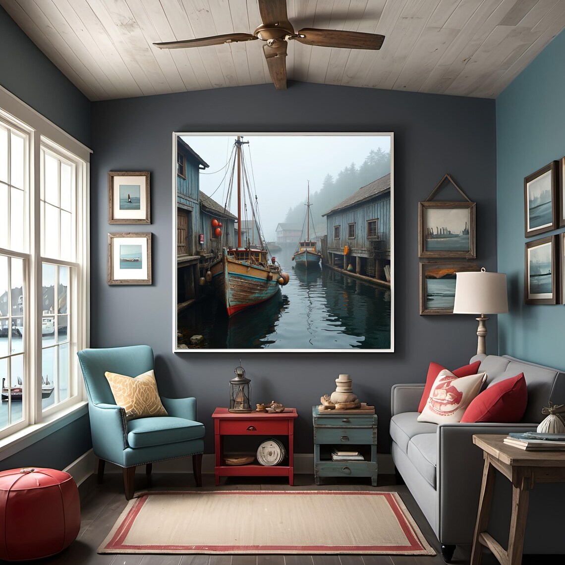 Rustic Foggy Wharf Weathered Wooden Boats Vintage Dock Scene Poster - Image 3