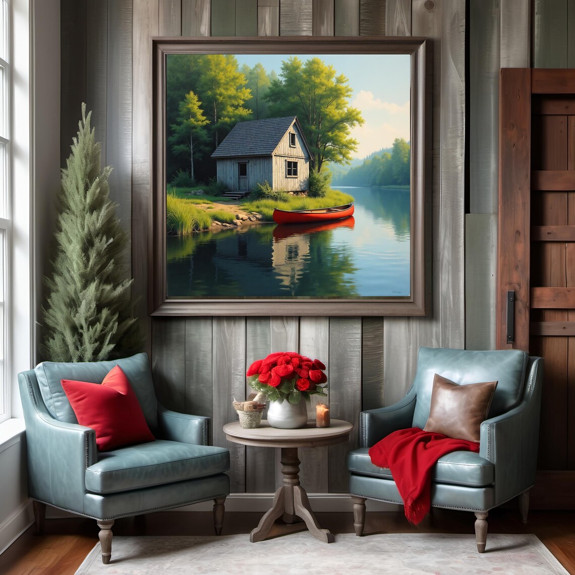 Rustic Fishing Shack By Lake With Red Canoe On Calm Water Poster - Image 3