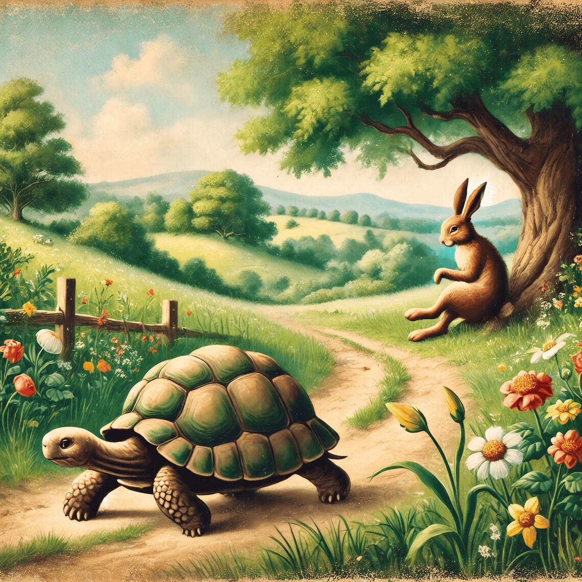 The Tortoise And The Hare Race Vintage Storybook Scene Art Poster