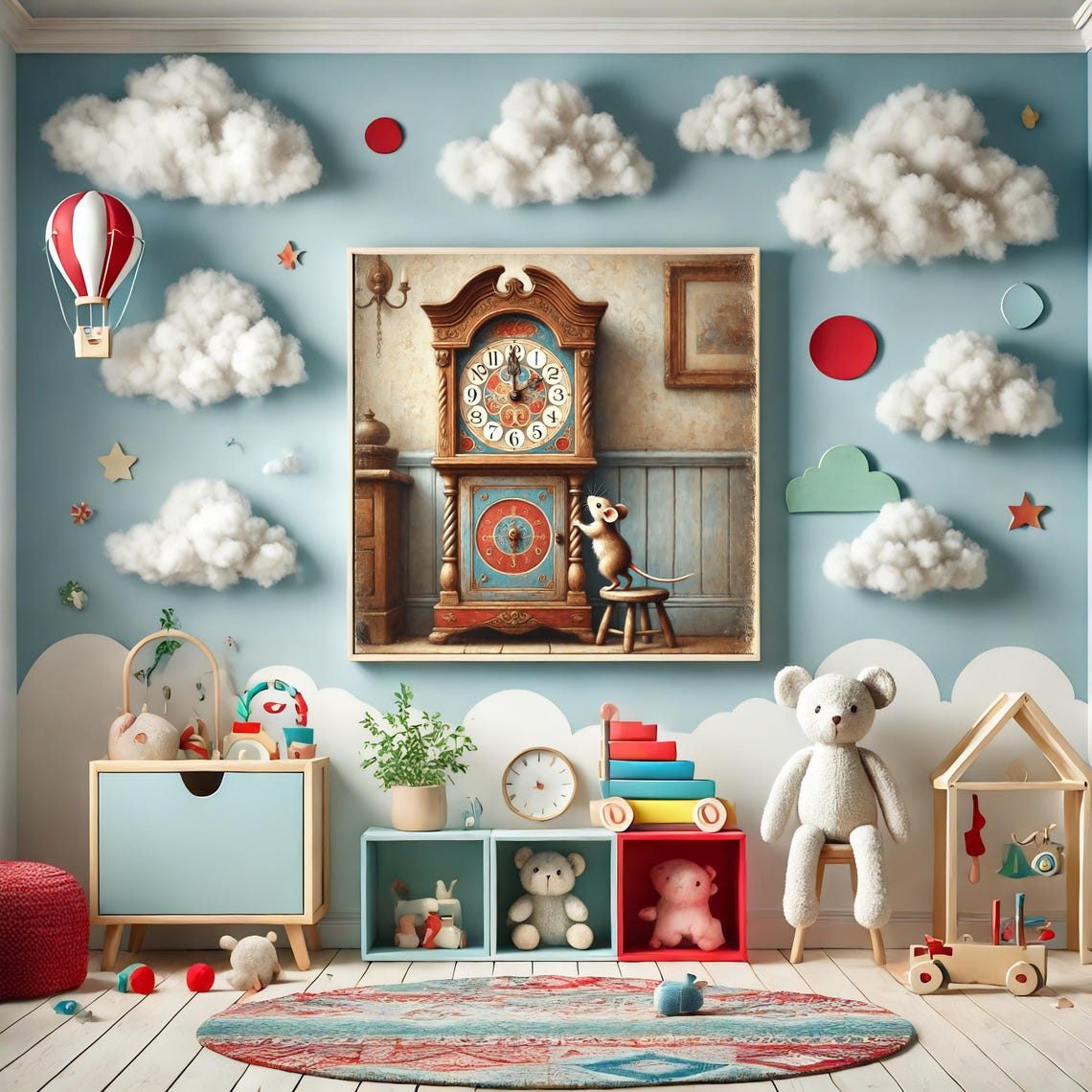 Hickory Dickory Dock Mouse And Vintage Folk Clock Nursery Poster - Image 2