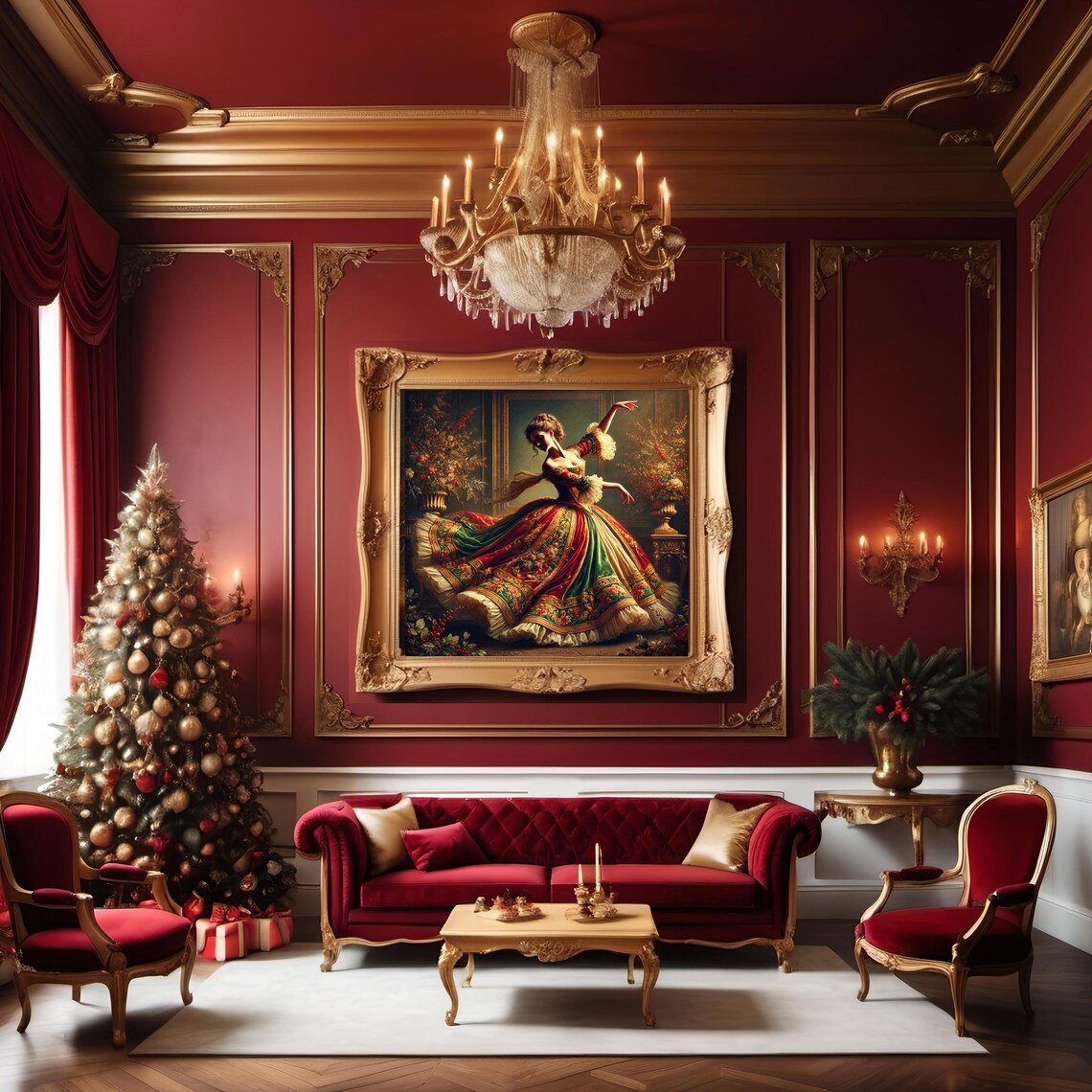 Nine Ladies Dancing Ballerina Baroque Red Green Gown Festive Wall Art - Image 3