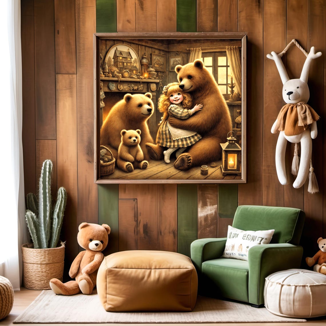 Goldilocks Hugging The Big Bear By The Cabin Fireplace Poster - Image 3