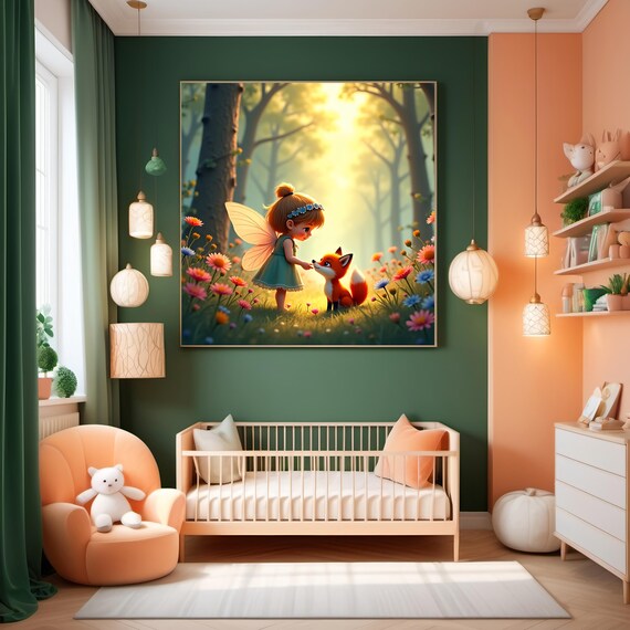 Whimsical Fairy Girl With Fox Sunlit Flower Forest Nursery Kids Room Magic Art