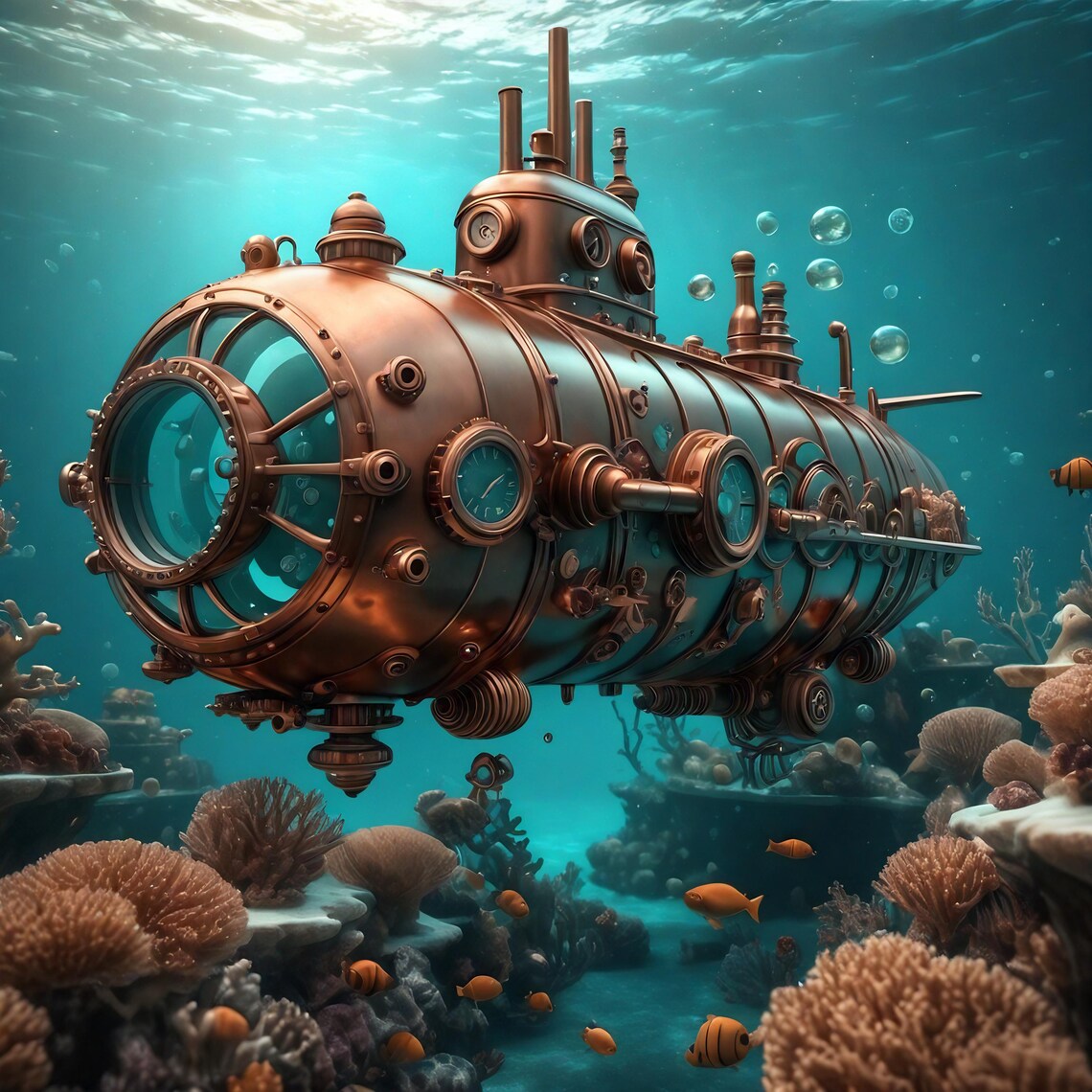 Underwater Steampunk Submarine Art Print, Nautical Fantasy