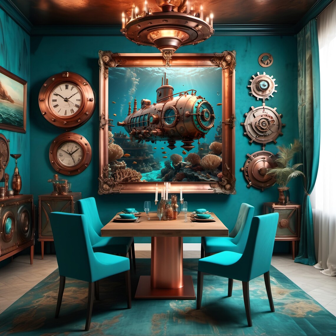 Underwater Steampunk Submarine Print Nautical Fantasy Wall Art Turquoise And Bronze Sci Fi Artwork Steampunk Gift Lover Idea - Image 3
