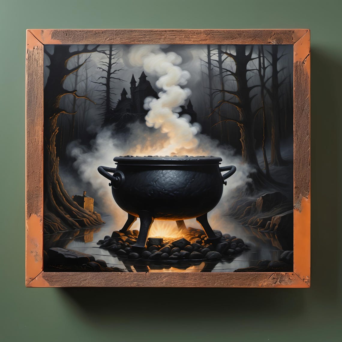 Witch Cauldron Foggy Forest Dark Castle Eerie Halloween Art Poster - Image 2