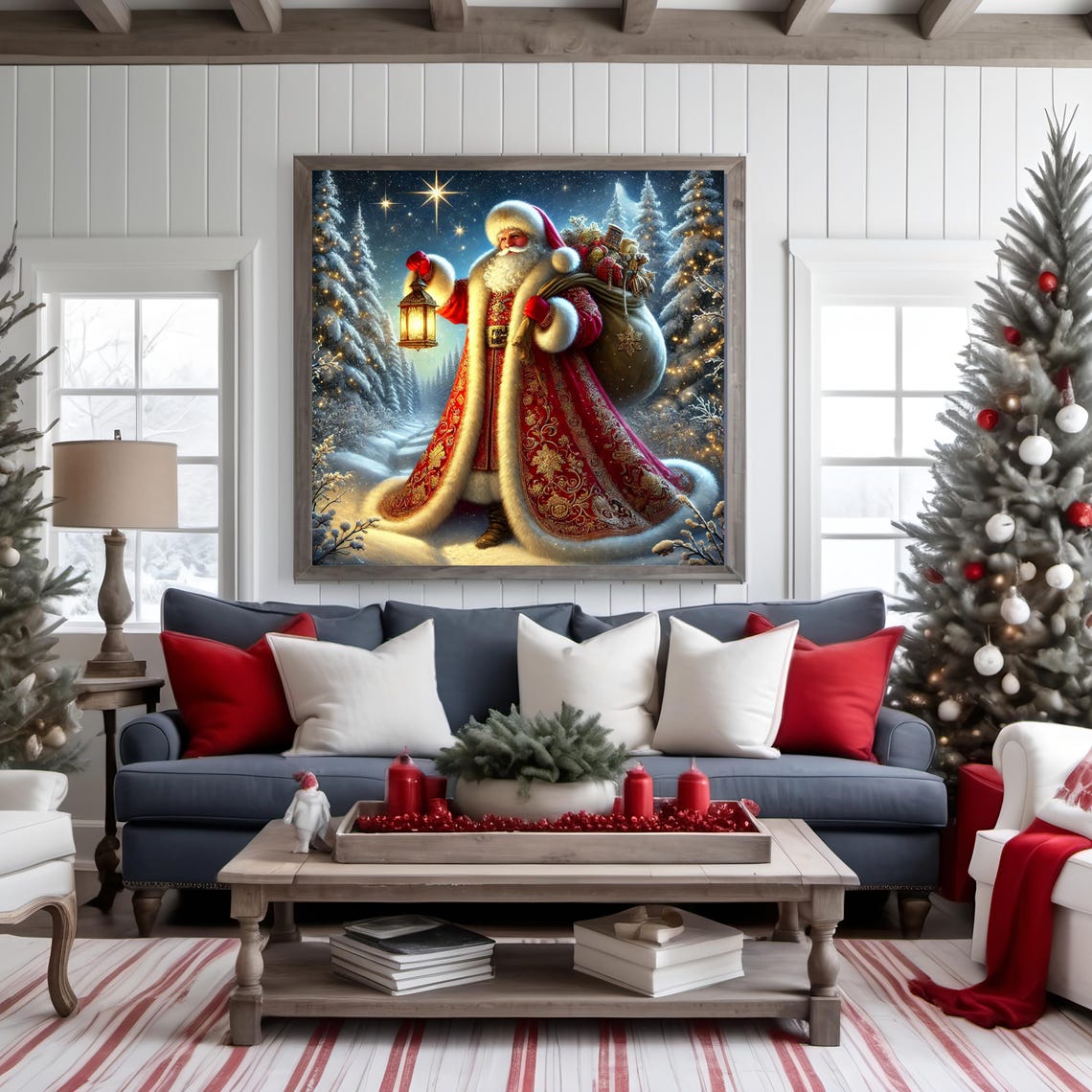 Santa Claus with Lantern Snowy Starry Night Forest Art Print - Image 2